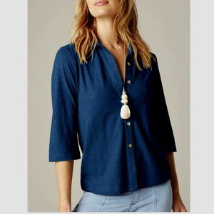 J.JILL PURE JILL TRUE NAVY 3/4 SLEEVE HEMP & COTTON BUTTONED TOP SHIRT